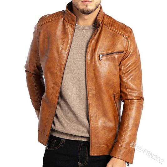 Men's Stand Collar Punk Biker Jacket | Faux Leather Polyester Shell
