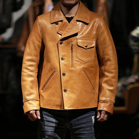 Men's Premium Bear Leather Jacket | Lapel Oil Wax Cowhide Coat