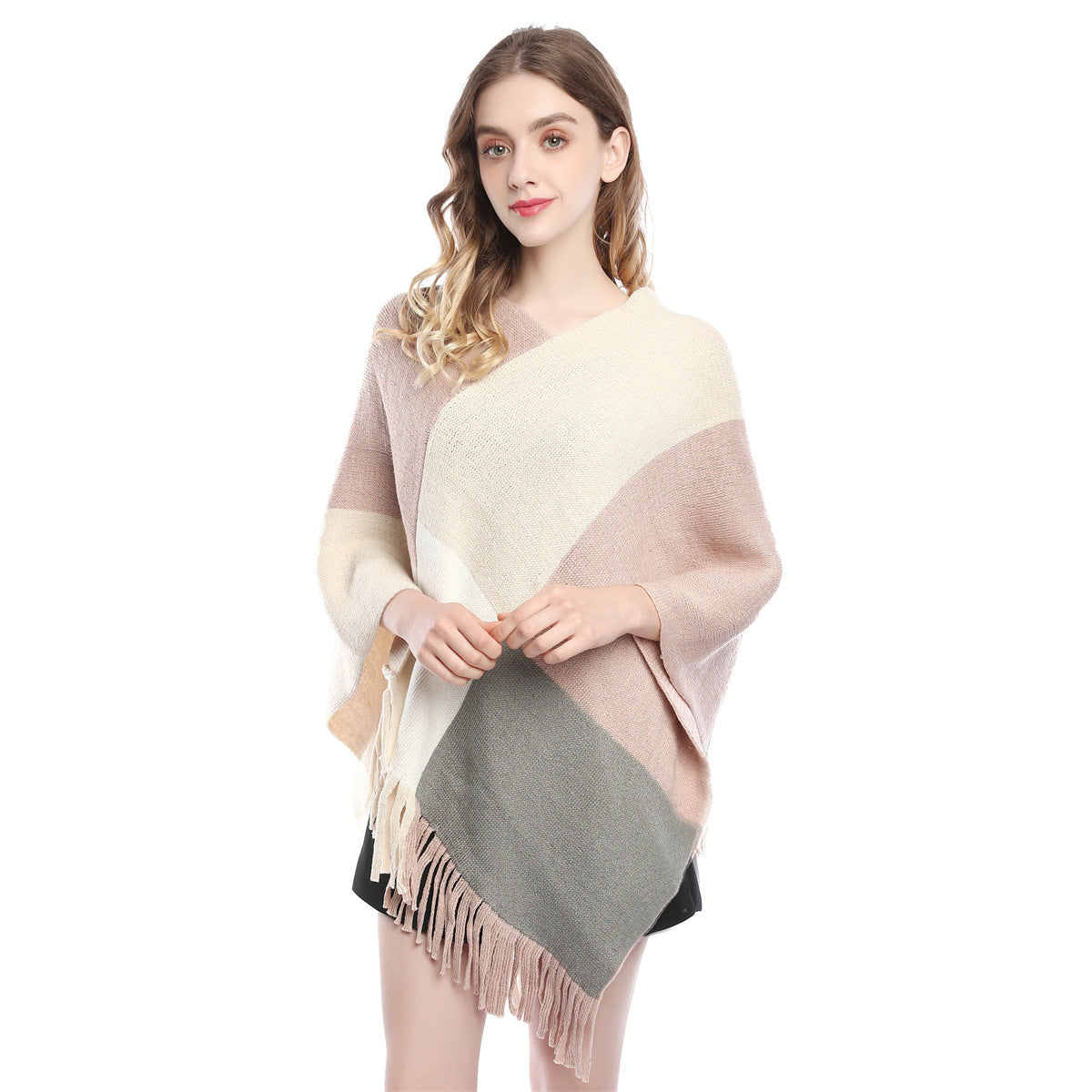 Fashion Women's Color Contrast Patchwork Knit Shawl Cape