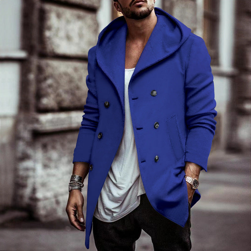 Men's Mid-Length Double-Breasted Trench Coat | Lapel Hooded Style Outerwear