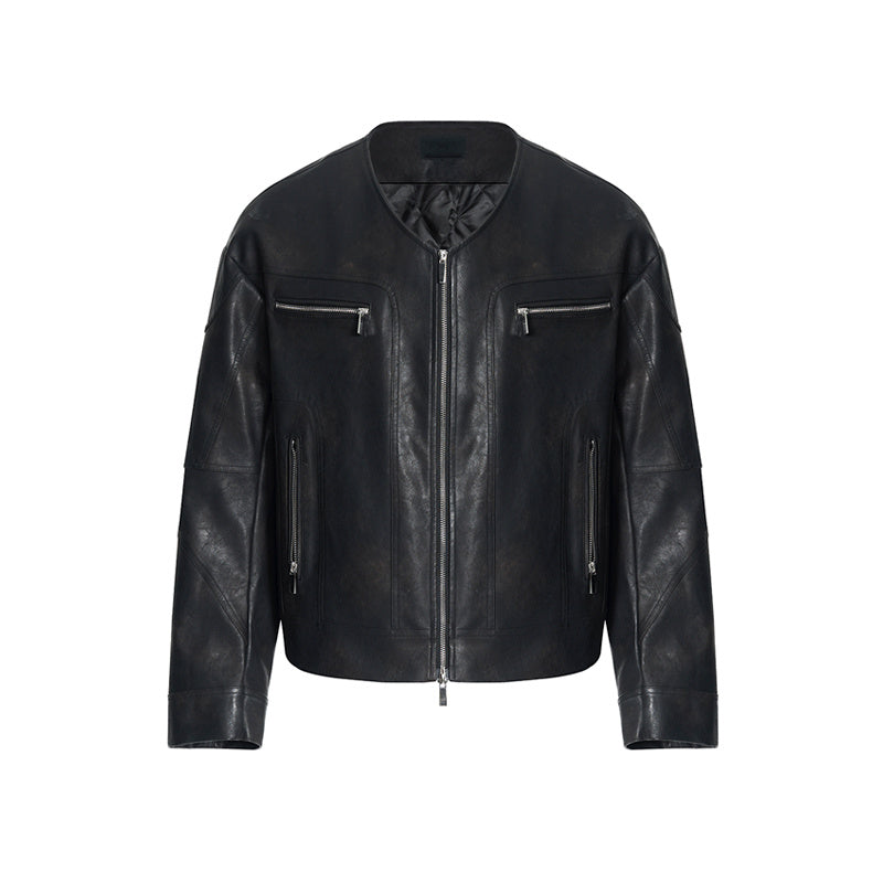 Men's Niche Design Leather Coat | V-Neck Zipper Closure Unique Jacket
