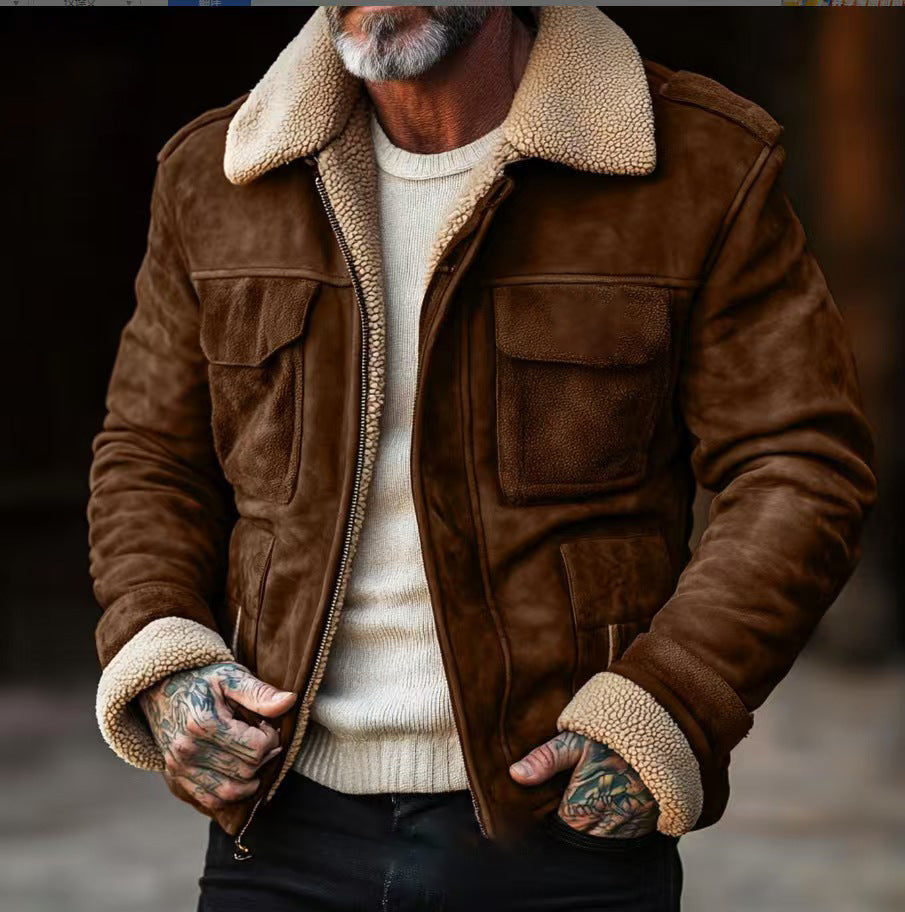 Men's Warm Lambswool Lapel Zip Jacket | Thick Winter Top Coat