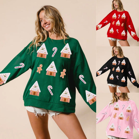 Women's Festive Sequin Christmas House Pullover Sweater