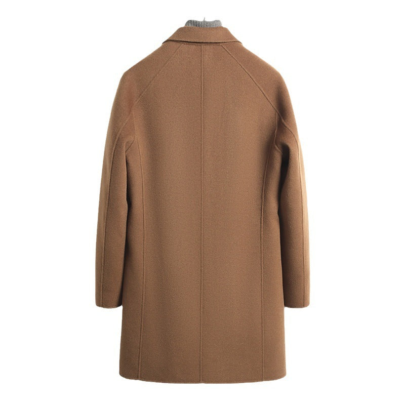 Premium Men's Solid Woolen Coat | Mid-Length Slim-Fit Worsted Overcoat