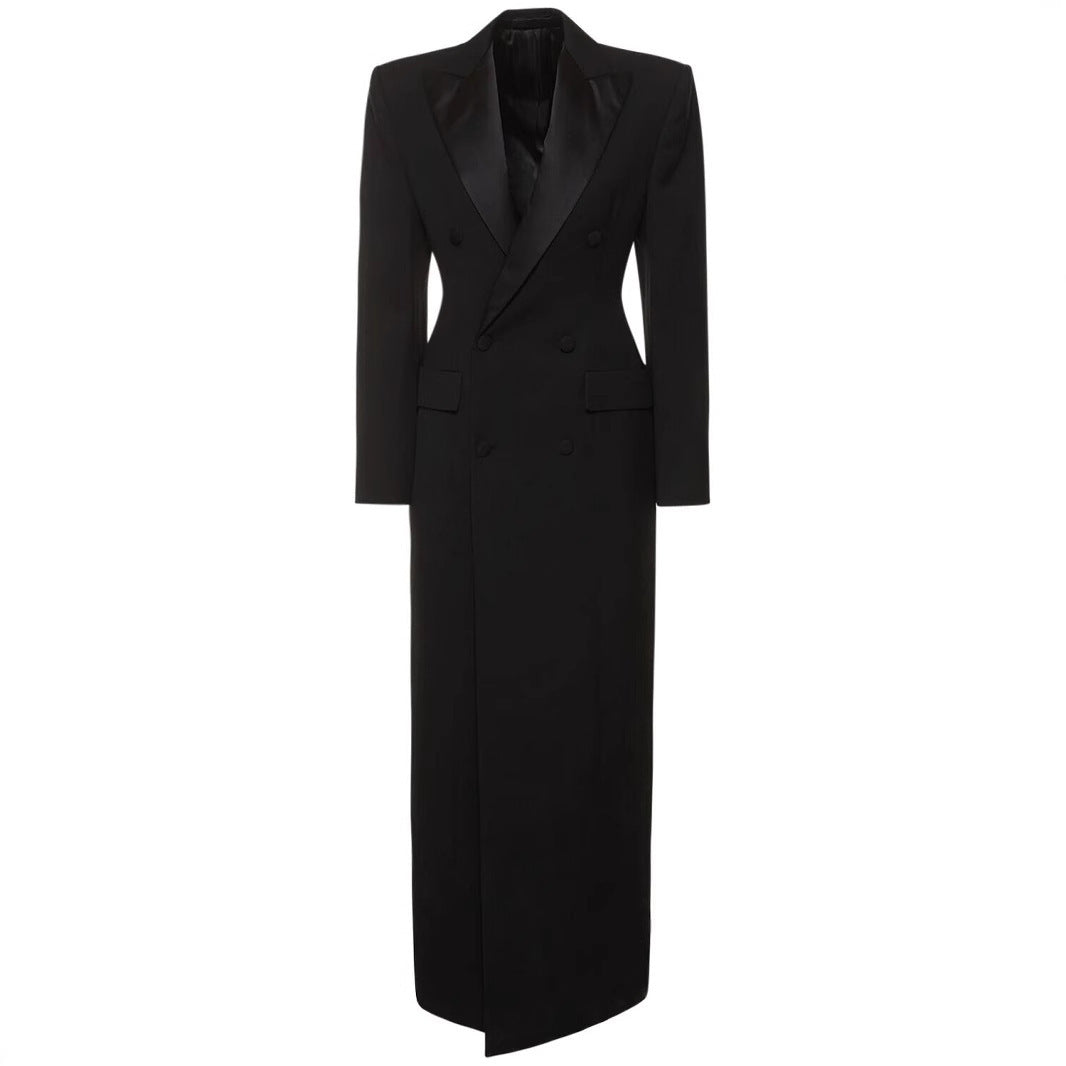 Women's Fashion Satin Inlaid Collar Black Trench
