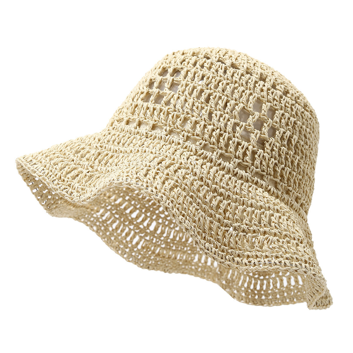 Breathable Crochet Straw Bucket Hat for Seaside Women