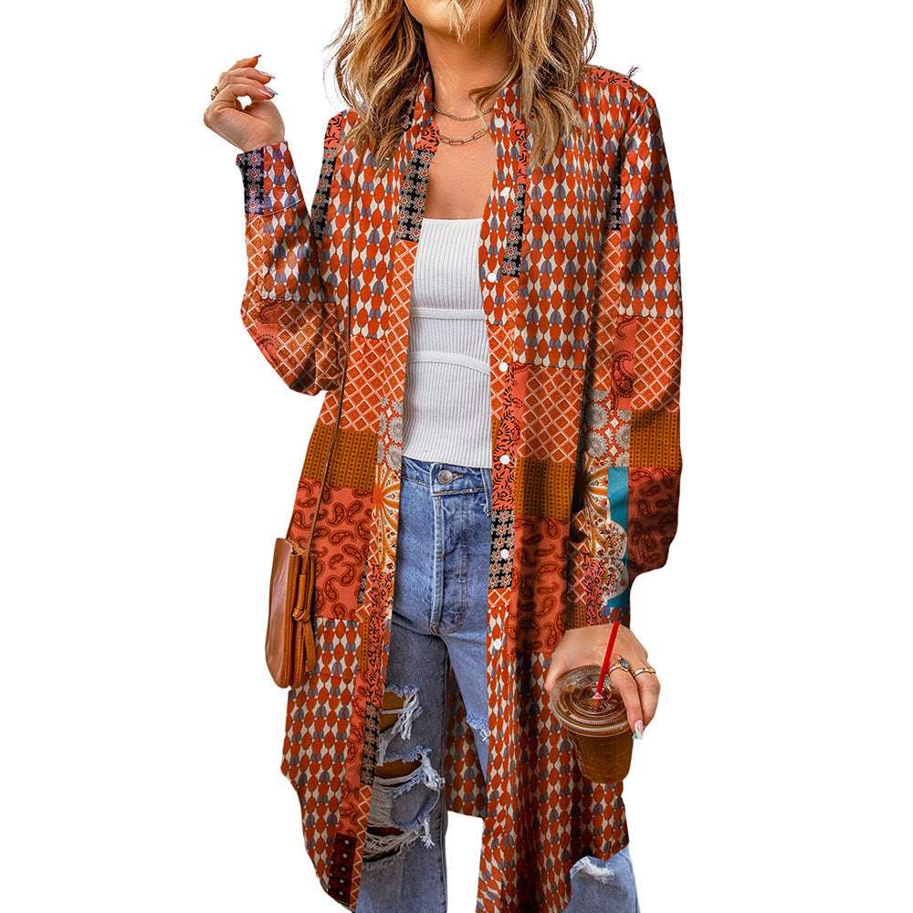 Women's Casual Boho Print Long Cardigan