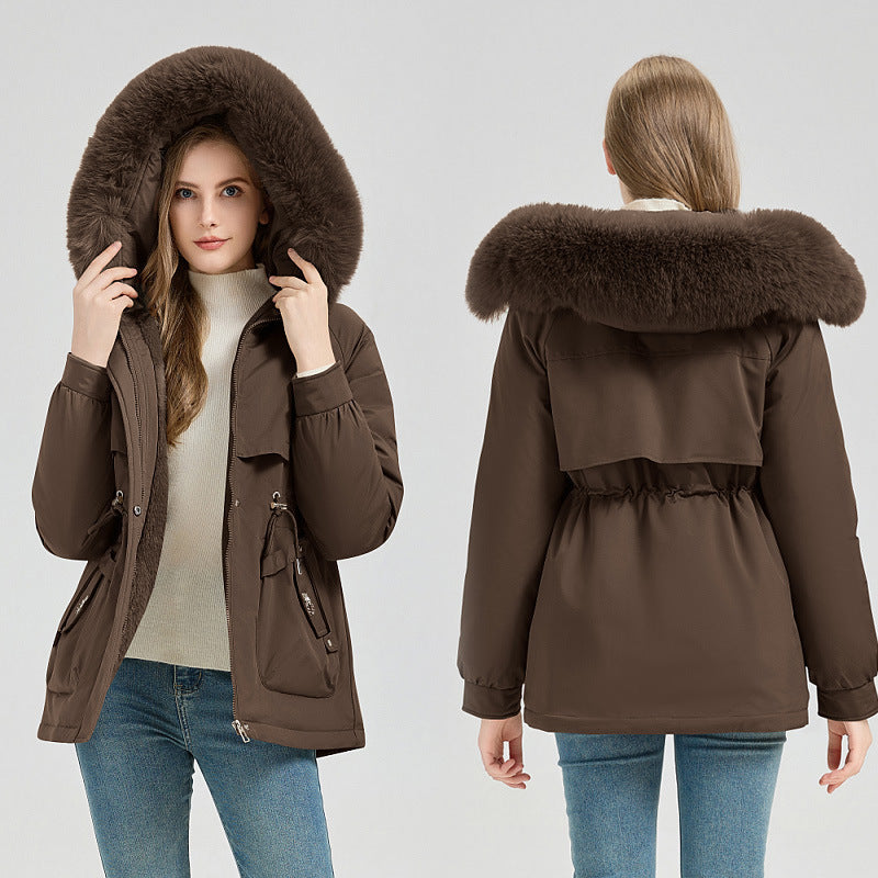 Women's Short Hooded Coat with Big Fur Collar