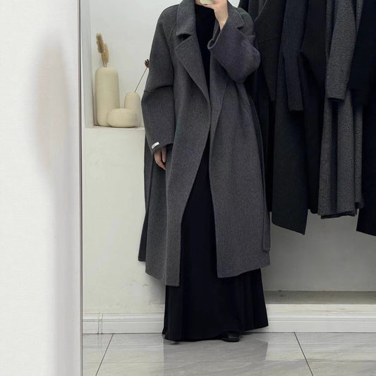 Elegant Tie-Waist Woolen Outerwear