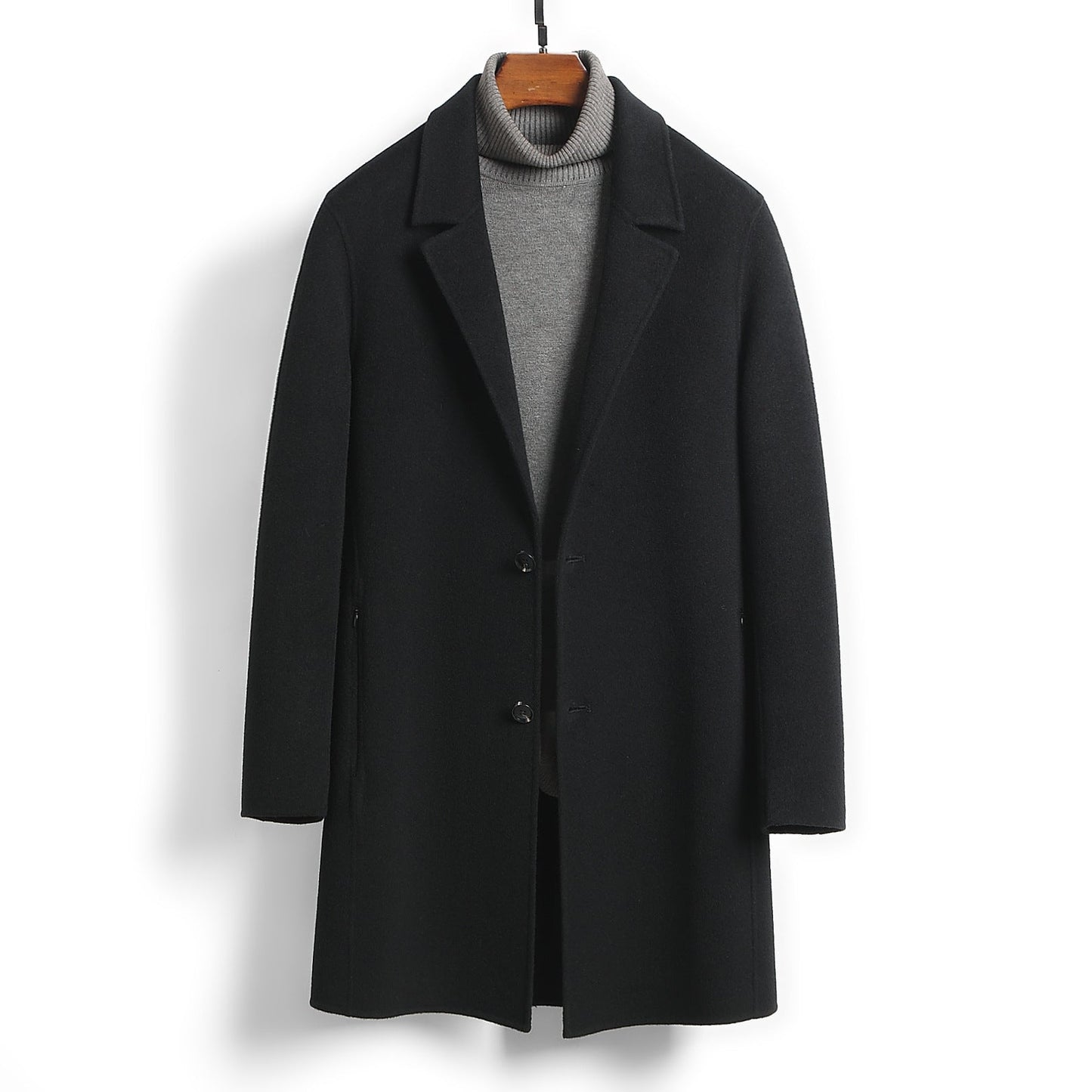 Premium Men's Solid Woolen Coat | Mid-Length Slim-Fit Worsted Overcoat