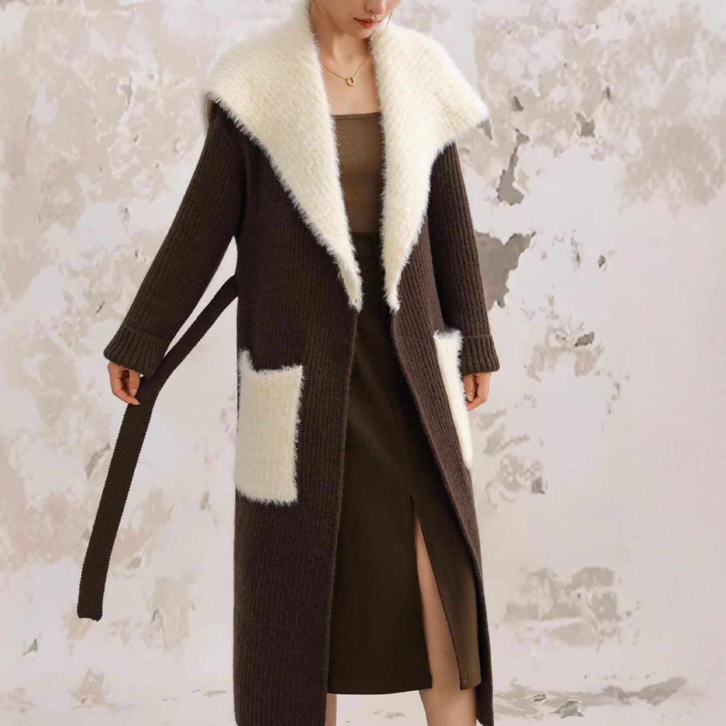 Women's Stitching Knitted Coat with Fur Collar