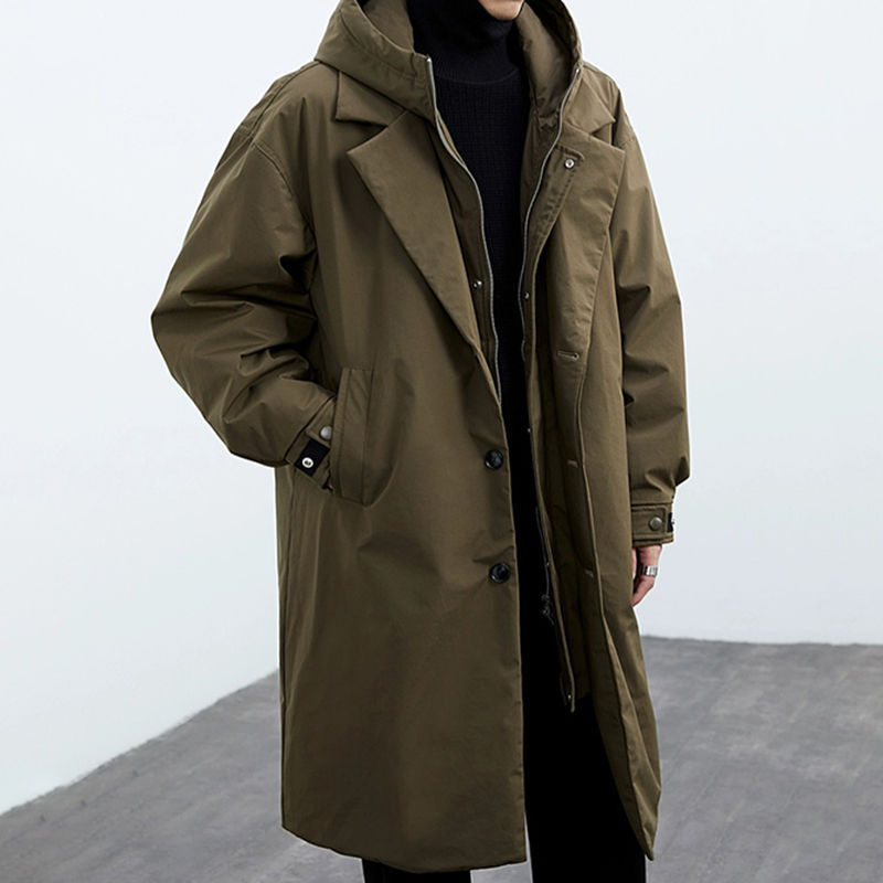 Men's Casual Mid-Length Faux Two-Piece Coat | Hooded Trench Jacket
