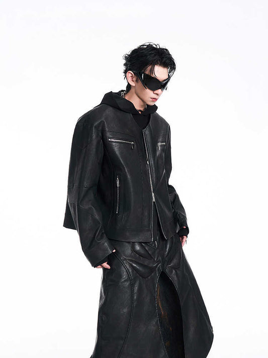Men's Niche Design Leather Coat | V-Neck Zipper Closure Unique Jacket