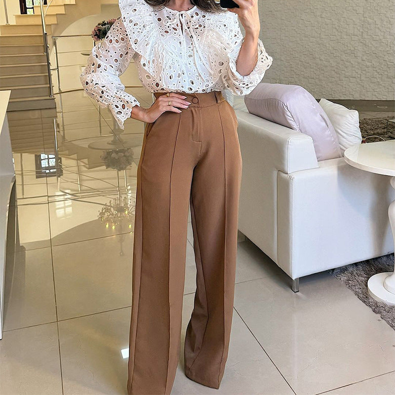 High Waist Loose Fit Solid Color Straight Pants