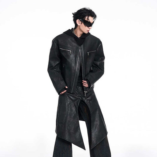 Men's Niche Design Leather Coat | V-Neck Zipper Closure Unique Jacket