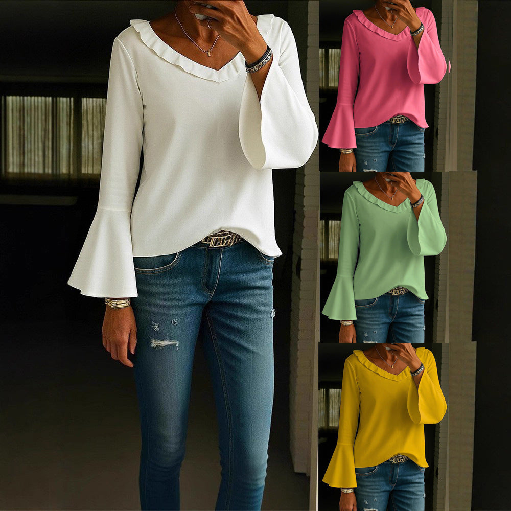 Casual Loose V-Neck Long Sleeve T-Shirt