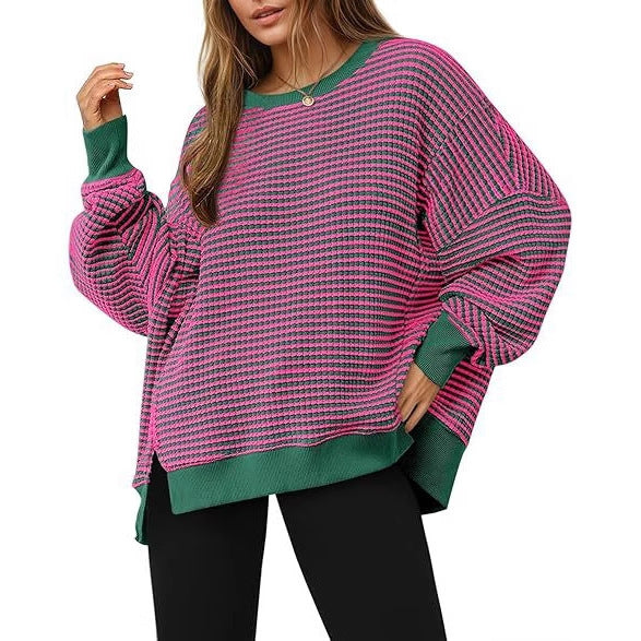 Waffle Knit Crewneck Split Pullover Sweater