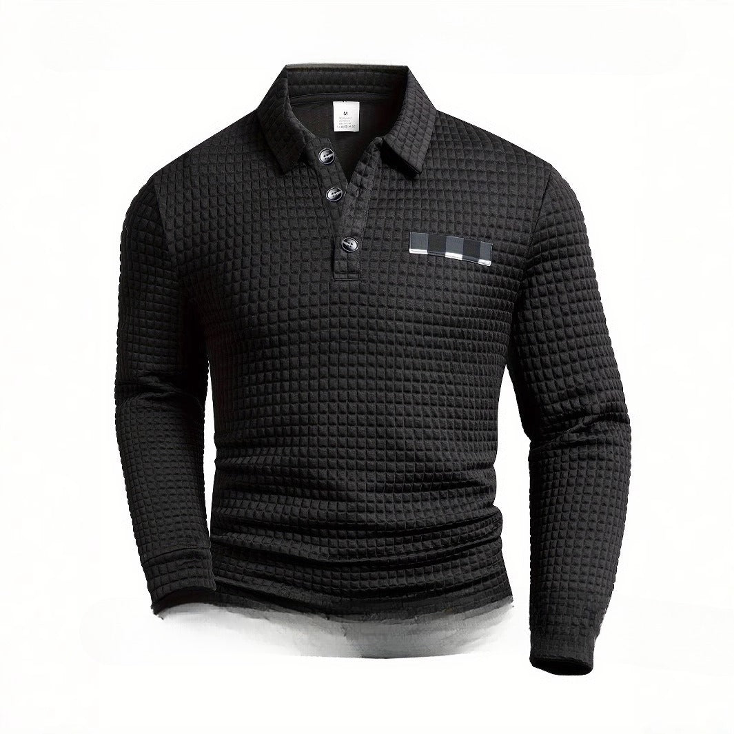 Men's Long Sleeve Waffle Polo Sweater | Casual Printed All-Match Pullover