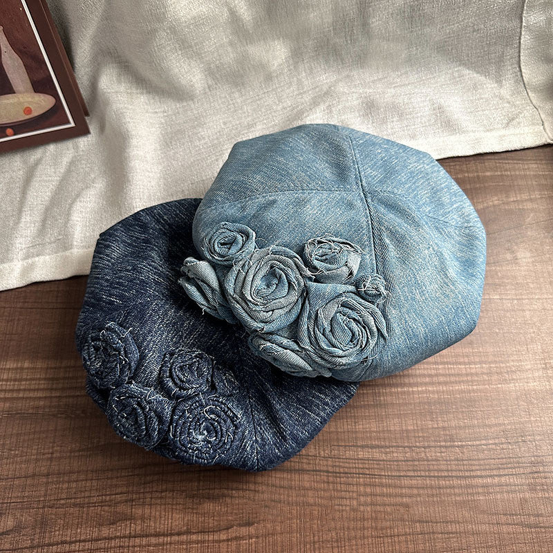 Women's Elegant Korean Style Rose Embroidered Beret Hat