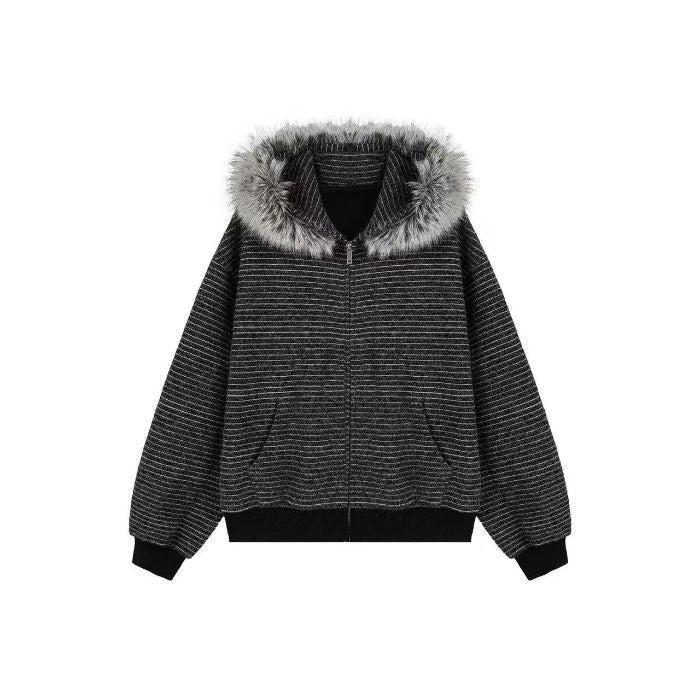 Vintage Fur Collar Couple Hooded Zipper Cardigan Sweater