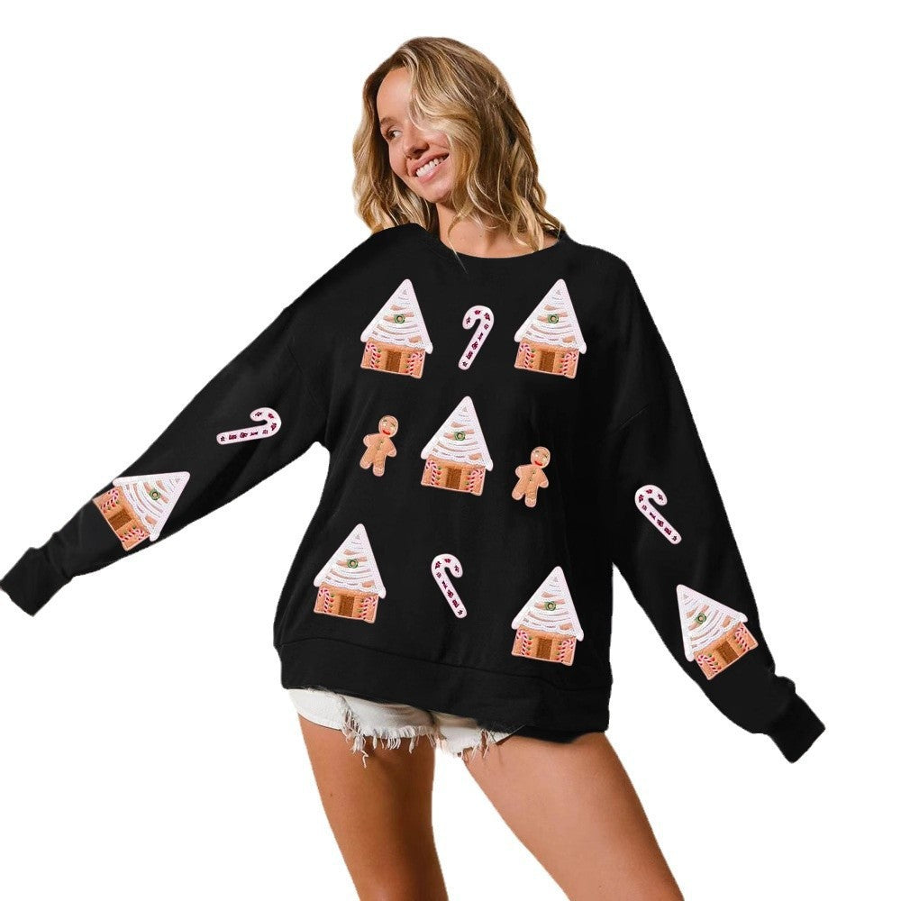 Women's Festive Sequin Christmas House Pullover Sweater