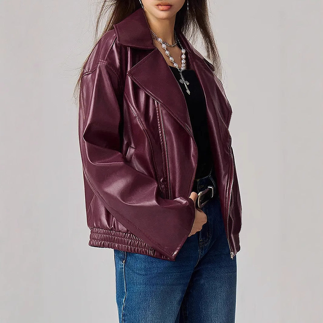 Women's Loose Fit Long Sleeve Leather Jacket