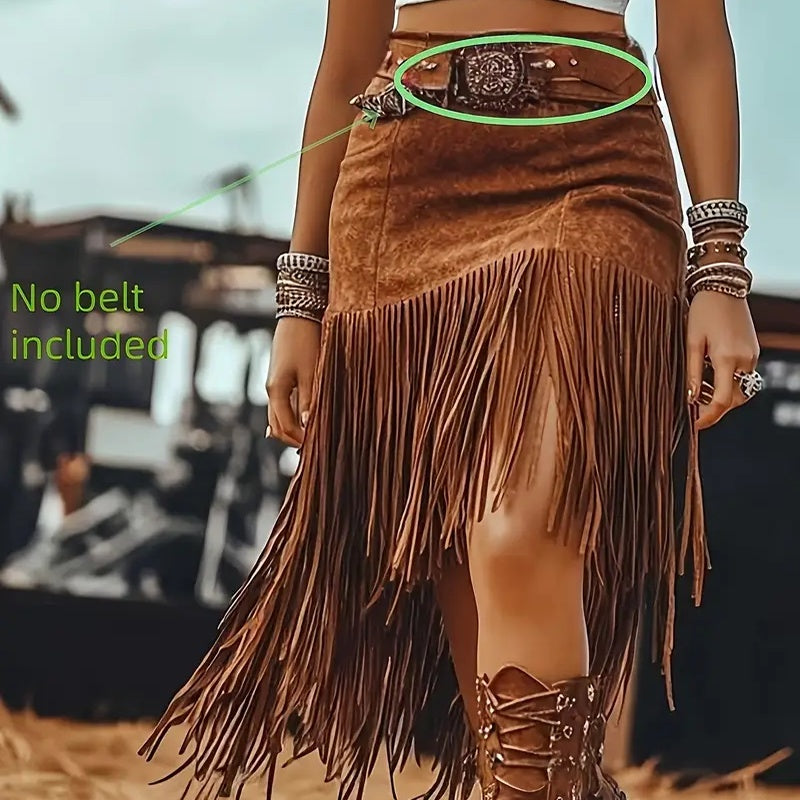 Women's Western Boho Denim Style Fringe Skirt