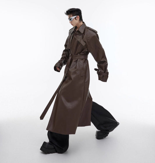 Trendy PU Leather Coat | Split Padded Shoulder Deconstructed Profile Jacket