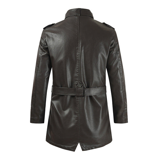 Men's Mid-Length Leather Coat | Stand Collar Fleece-Lined Thickened Winter Jacket