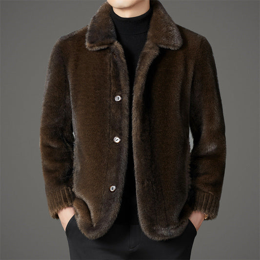 Men's Luxury Winter Golden Mink Faux Leather Wool Coat