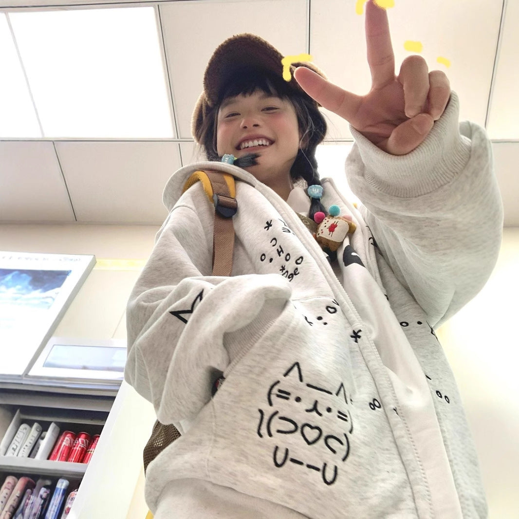 Women's Loose Casual Cute Cartoon Embroidery Pullover Hoodie