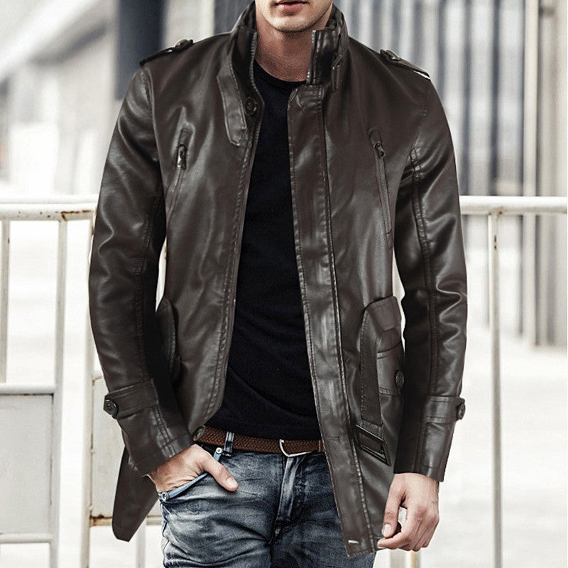 Men's Mid-Length Leather Coat | Stand Collar Fleece-Lined Thickened Winter Jacket