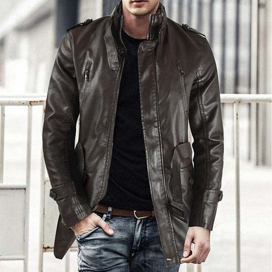Men's Mid-Length Leather Coat | Stand Collar Fleece-Lined Thickened Winter Jacket