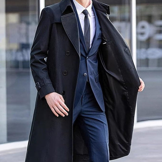Men's Classic Solid Color Long Trench Coat | All-Weather Overcoat