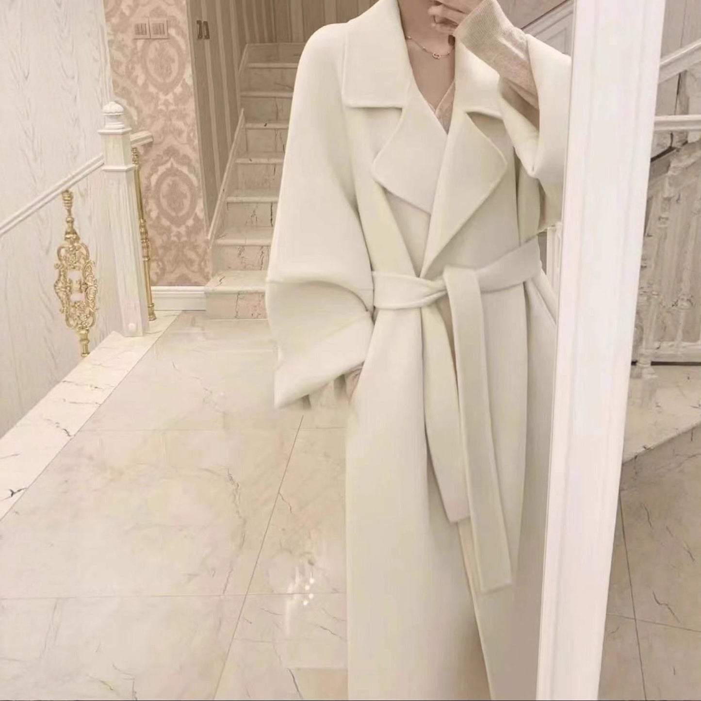 Elegant Tie-Waist Woolen Outerwear